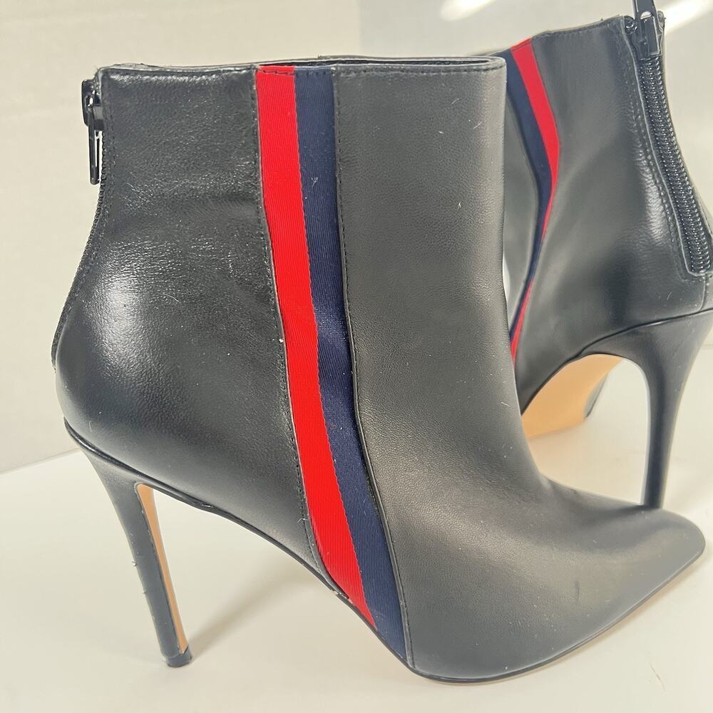 Steve Madden Vira Mid High 4” Heeled Boots Size 7 Black Leather Stripes Red Blue - Picture 2 of 12